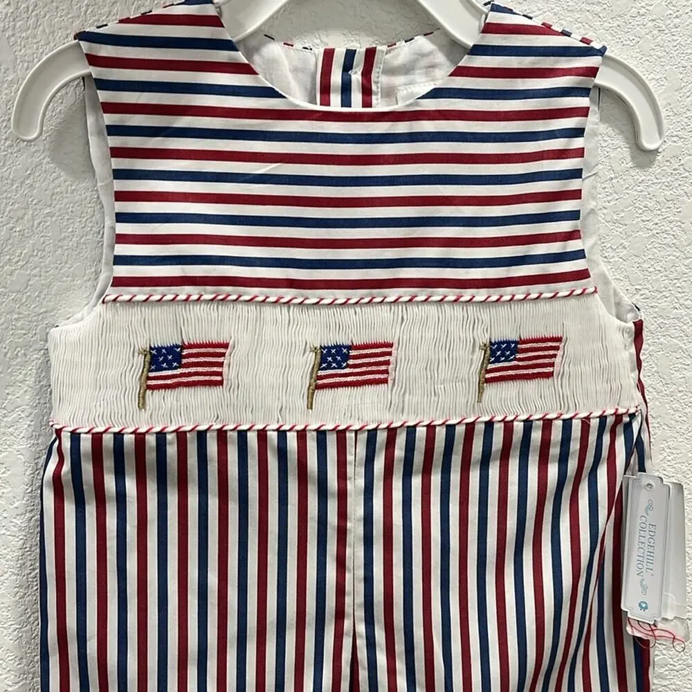 Edgehill Collection Round Neck Sleeveless Smocked American Flag Jon Jon 3T - Picture 3 of 6